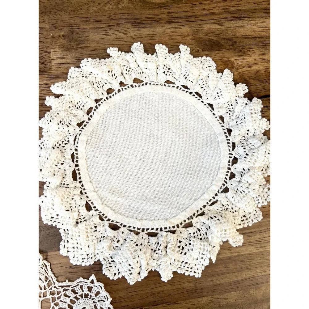 Three vintage lace doilies linen crochet off white cottagecore grandmacore